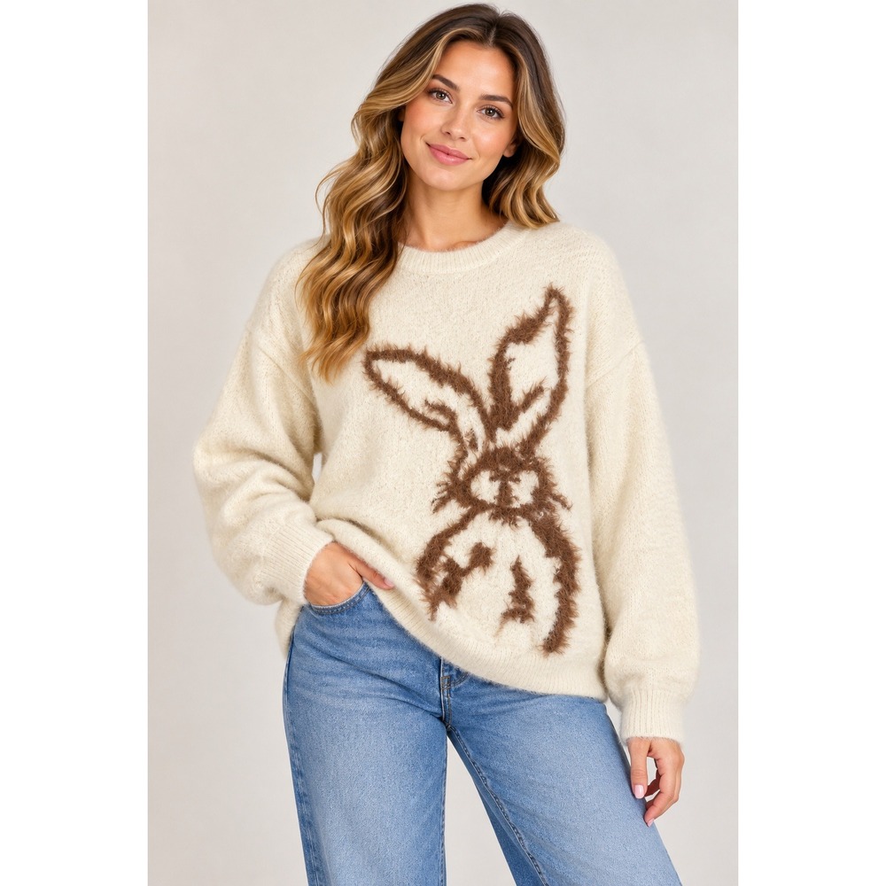 Elfric Eden Bunny Rabbit Fuzzy Knit Sweater Womens M Cream Brown Oversized